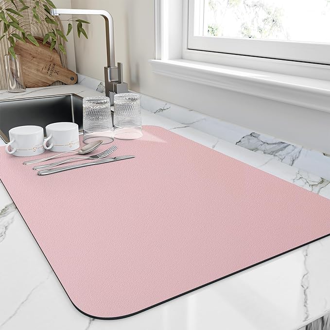 HotLive Dish Drying Mat for Kitchen Counter, Heat Resistant Drainer Mats with Non-slip Rubber Backed, Hide Stain Kitchen Super Absorbent Draining Mat, Easy to Clean Dish Rack Pad, Pink 16"x18"