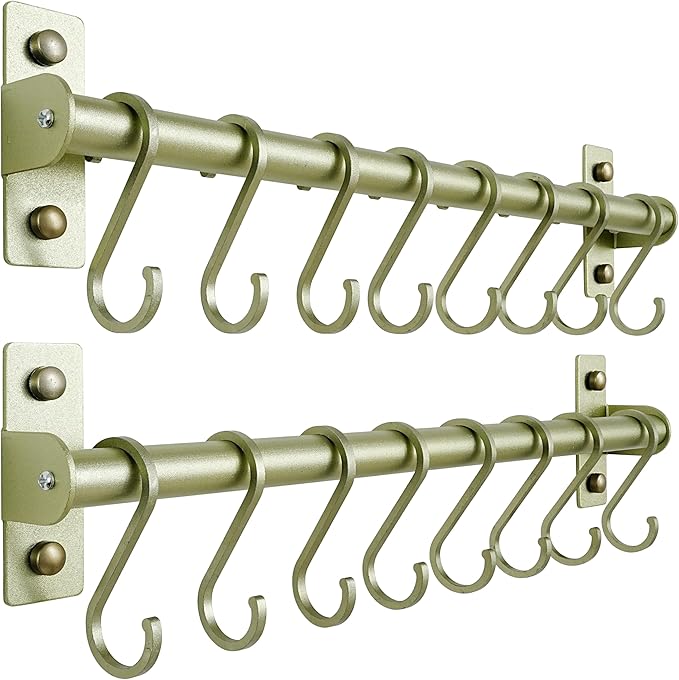 Dseap Kitchen Utensil Holder Hanger, Pot and Pan Rack Wall Mounted, Kitchen Rail with 8 Hooks for Hanging Cooking Utensils, Mugs, Spoons, Wall Mounted,Champagne Color, Pack of 2