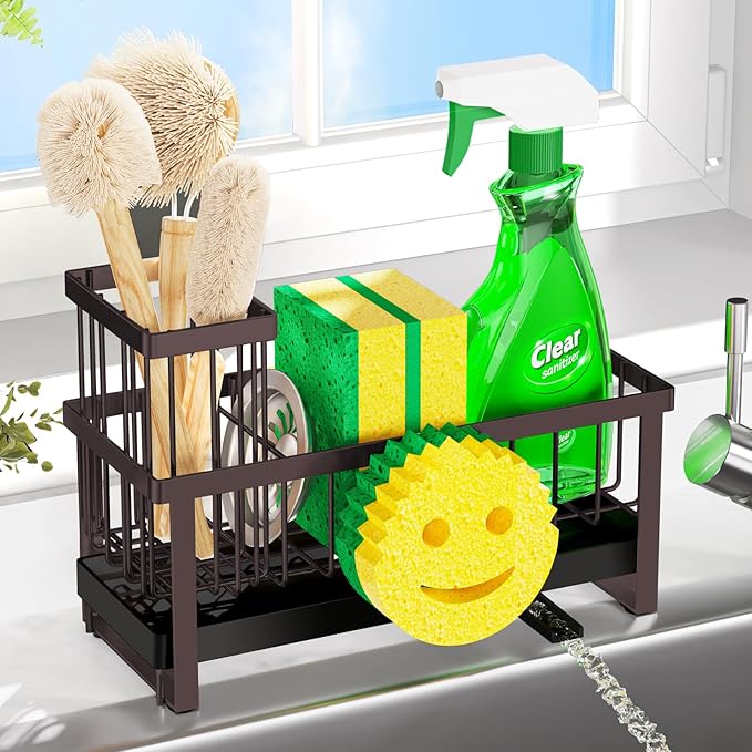 Sponge Holder for Kitchen Sink,Sink Caddy with Removable Dish Brush Holder,Self-Draining Kitchen Countertop Organizers and Storage Essentials,Soap Dispenser Organize and Home Decor-Bronze