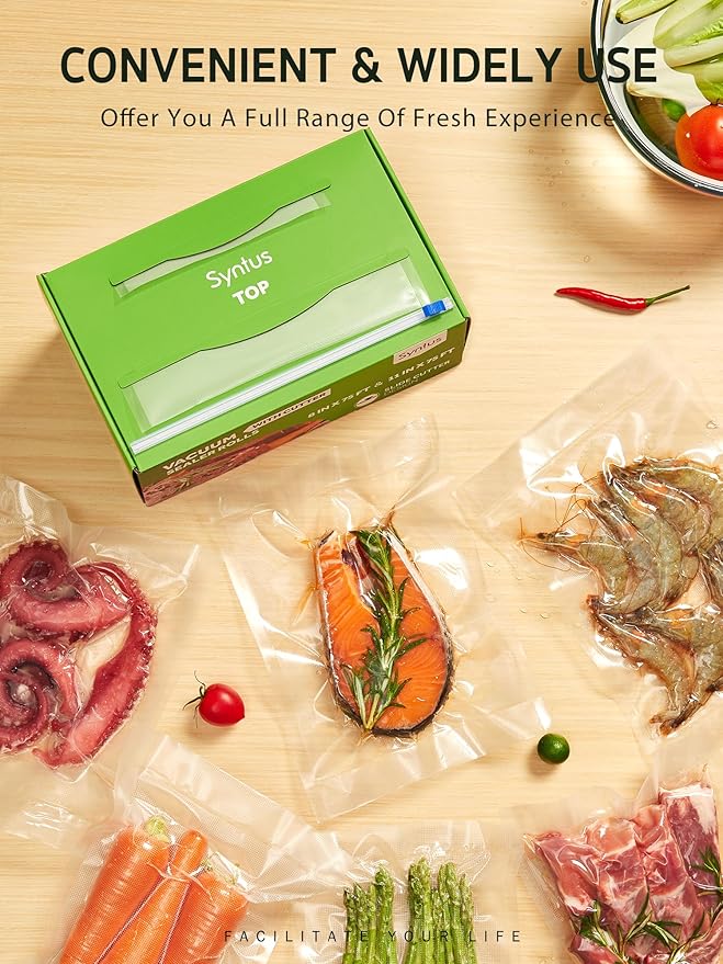 Syntus 11" x 75' and 8" x 75' Food Vacuum Seal Roll Keeper with Cutter Dispenser, Commercial Grade Vacuum Sealer Bag Rolls, BPA Free Food Vac Bags, Ideal for Storage, Meal Prep and Sous Vide