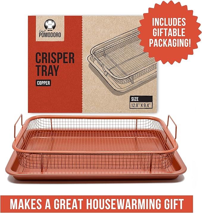 Chef Pomodoro Air Fryer Tray for Oven, Copper Crisper Tray, Air Fryer Pans for Toaster Oven, Air Fryer Basket and Tray 2-Piece Set, Air Fryer Baking Pan, Air Fryer basket for Oven (Rectangle)