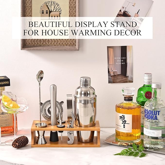 Bartender Kit Cocktail Shaker Set with Stand Bar Tool Bar Set for Drink Mixing Home Bartending Kit 11-Piece Bar Cart Accessories: Martini Shaker, Mixer Spoon, Jigger, Muddler, Strainer & Recipes Gifts
