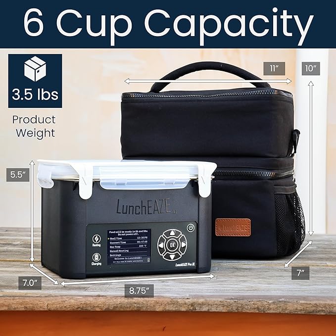 LunchEAZE XL Cordless Heated & Electric Lunch Box – Battery-Powered, 6-Cup Capacity, 220°F, Automatic Scheduled Heating, Insulated Bag for Hot Meals Anywhere