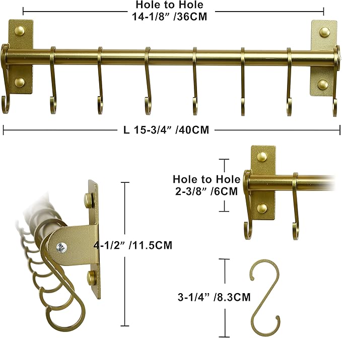 Dseap Kitchen Utensil Holder Hanger, Pot and Pan Rack Wall Mounted, Kitchen Rail with 8 Hooks for Hanging Cooking Utensils, Mugs, Spoons, Wall Mounted,Champagne Color, Pack of 2