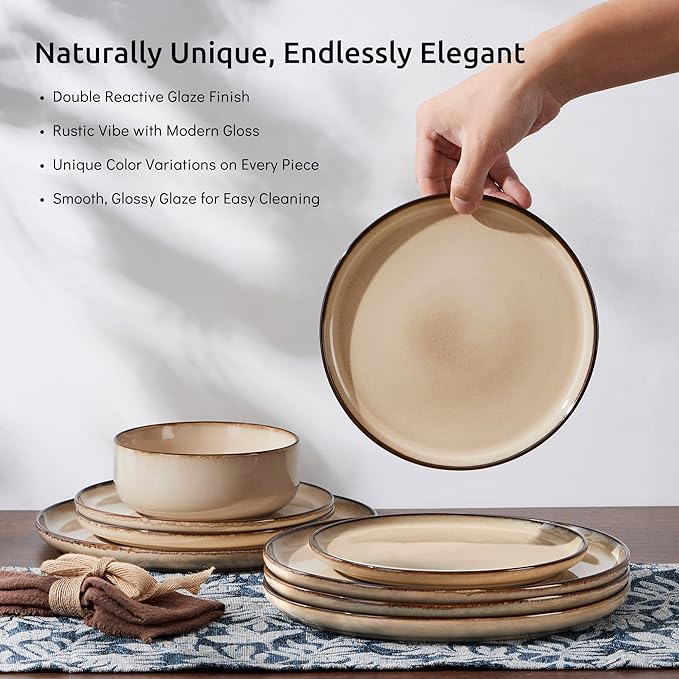 E-far 24-Piece Plates and Bowls Set, Stoneware Dinnerware Sets for 8, Reactive Glaze Ceramic Dinning Ware Dishes, Microwave & Dishwasher Safe - Sandy Beige