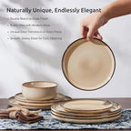E-far 24-Piece Plates and Bowls Set, Stoneware Dinnerware Sets for 8, Reactive Glaze Ceramic Dinning Ware Dishes, Microwave & Dishwasher Safe - Sandy Beige