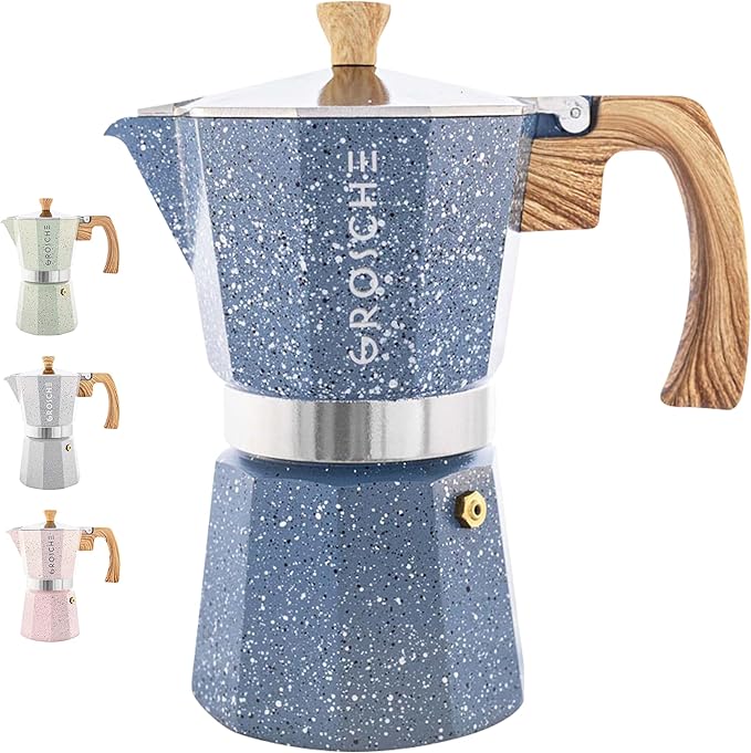 GROSCHE Milano Moka pot, Stovetop Espresso maker, Greca Coffee Maker, Stovetop coffee maker and espresso maker percolator (Indigo, 9 cup)