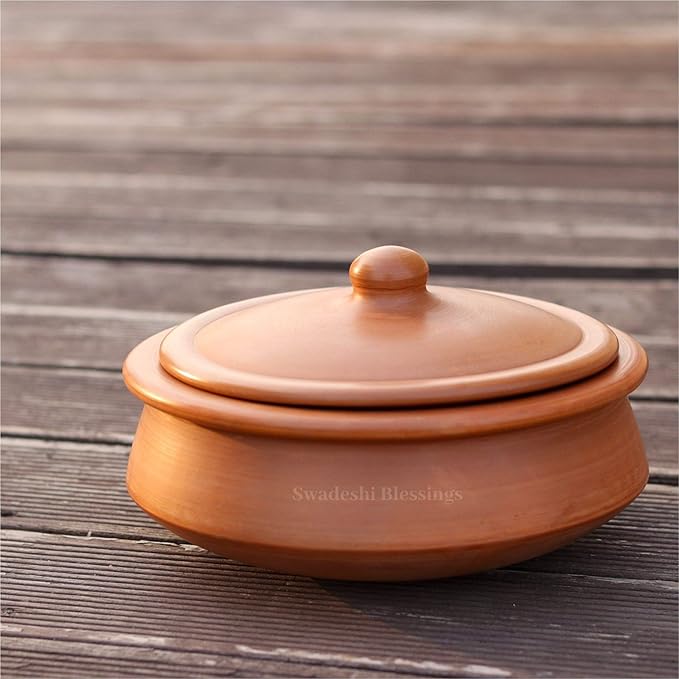 Swadeshi Blessings HandMade Exclusive Range Unglazed Clay Handi/Earthen Kadai/Clay Pot For Cooking & Serving with Lid, 2.8Liters (With Natural White Firing Shade & Mirror Shine) (Red)