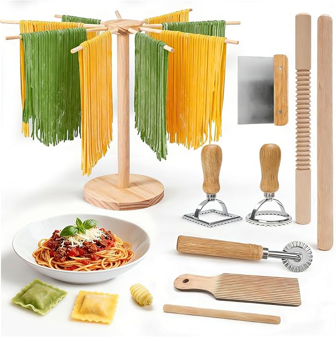 Pasta Making Tools 9 Pcs with Pasta Drying Rack, Threaded Rolling Pin, 2 Rolling Pins, Gnocchi Board, Dough Cutter, Wheel Cutter, 2 Ravioli Stamps,Pasta Making Kit Accessories for Home