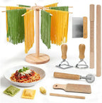 Pasta Making Tools 9 Pcs with Pasta Drying Rack, Threaded Rolling Pin, 2 Rolling Pins, Gnocchi Board, Dough Cutter, Wheel Cutter, 2 Ravioli Stamps,Pasta Making Kit Accessories for Home