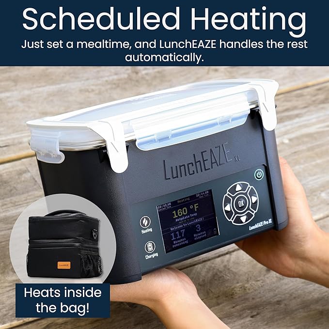 LunchEAZE XL Cordless Heated & Electric Lunch Box – Battery-Powered, 6-Cup Capacity, 220°F, Automatic Scheduled Heating, Insulated Bag for Hot Meals Anywhere