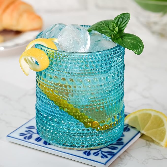 Kate Aspen Hobnail Beaded Drinking Glasses Vintage Glassware Set | Cocktail Glass Set, Juice Glass, Water Cups | Makes A Great Hostess Gift, Gift for Newlyweds (Aqua Blue)