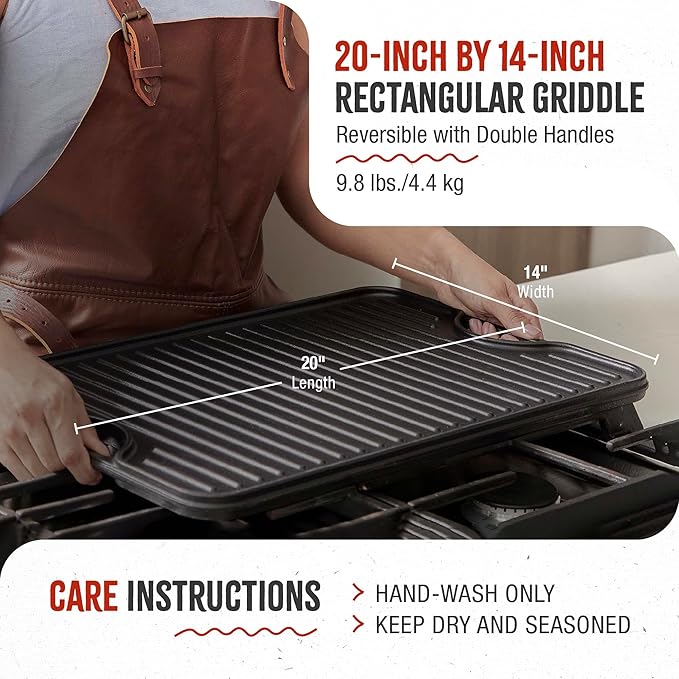 Victoria 20-by-14-Inch Rectangular Cast Iron Griddle, Preseasoned Reversible Griddle