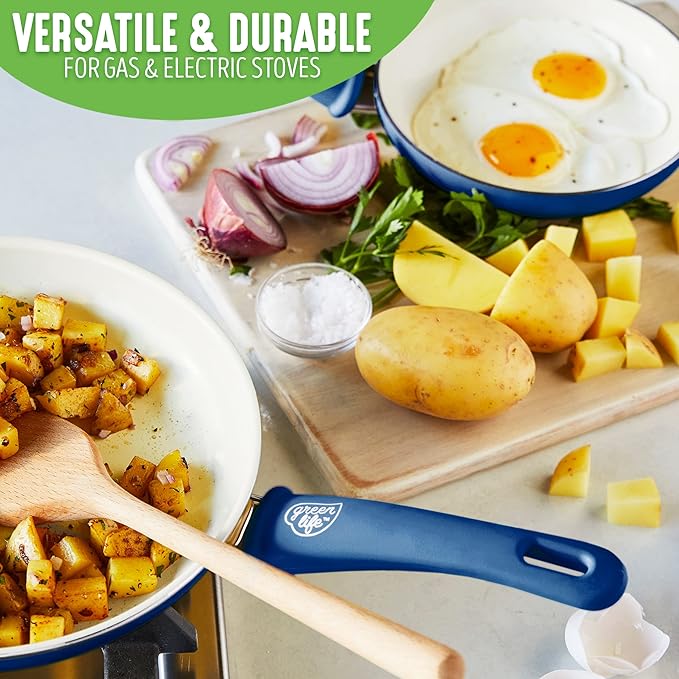 GreenLife Non Stick Fry Pan Set (7" & 10"), Non-Toxic PFAS-Free Ceramic Skillets, Dishwasher & Oven Safe, Egg Omelet Frying Pans, Stay- Cool Handles, Kitchen Home Cooking Essentials, Blue