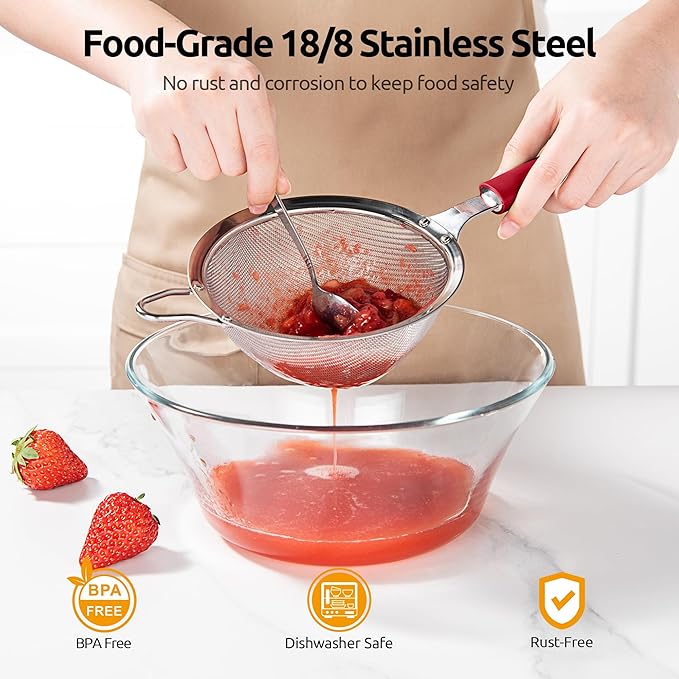 U-Taste Medium Fine Mesh Strainer: 18/8 Stainless Steel 4.73in 30 Mesh Kitchen Food Sieve with Sturdy Riveted Silicone Handle, Heavy Duty Deep Handheld Metal Colander for Rice, Quinoa, Flour (Red)