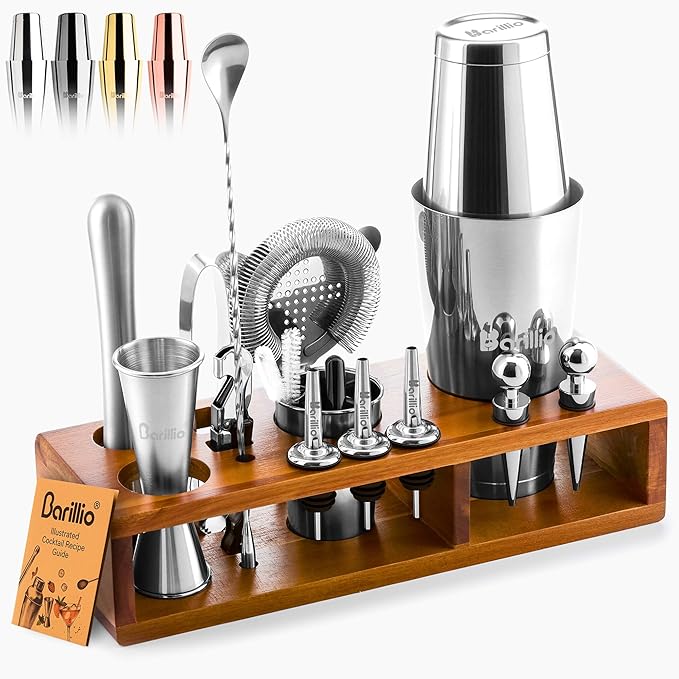 Barillio Bartender Kit – 23-Piece Stainless-Steel Cocktail Shaker Set with Premium Acacia Stand | Martini Barware Mixing Tools for Home Bartending | Gift Set