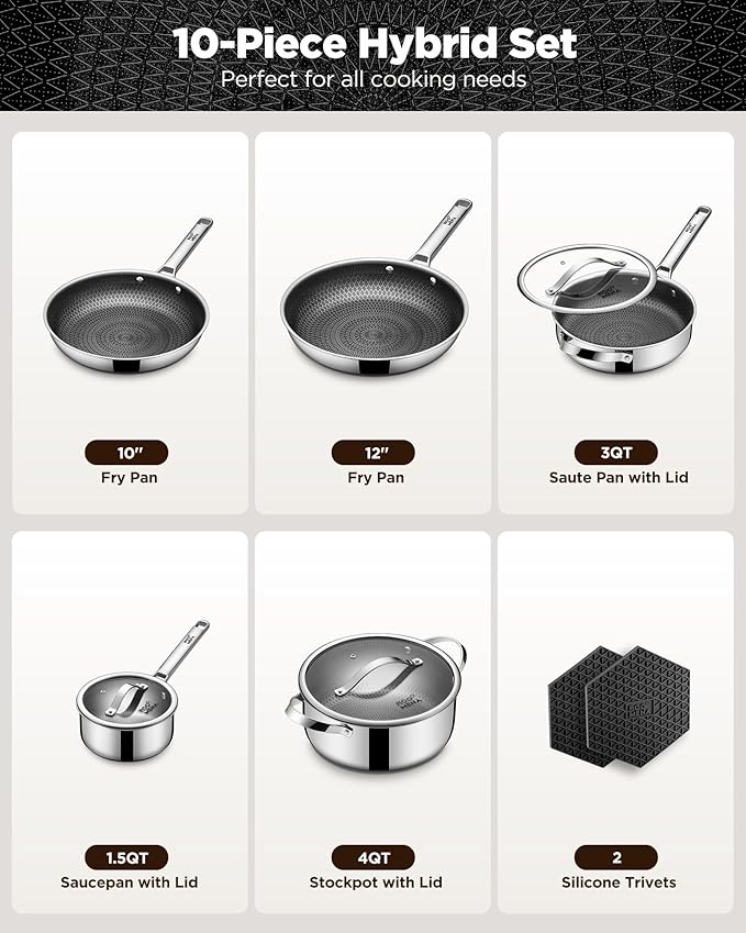 Pots and Pans Set Hybrid Stainless Steel, 10PC Nonstick Tri-Ply Cookware Set w/Frying pan, Dishwasher & Oven Safe, PFOA-Free, Metal Utensil Safe, Suitable for All Cooktops