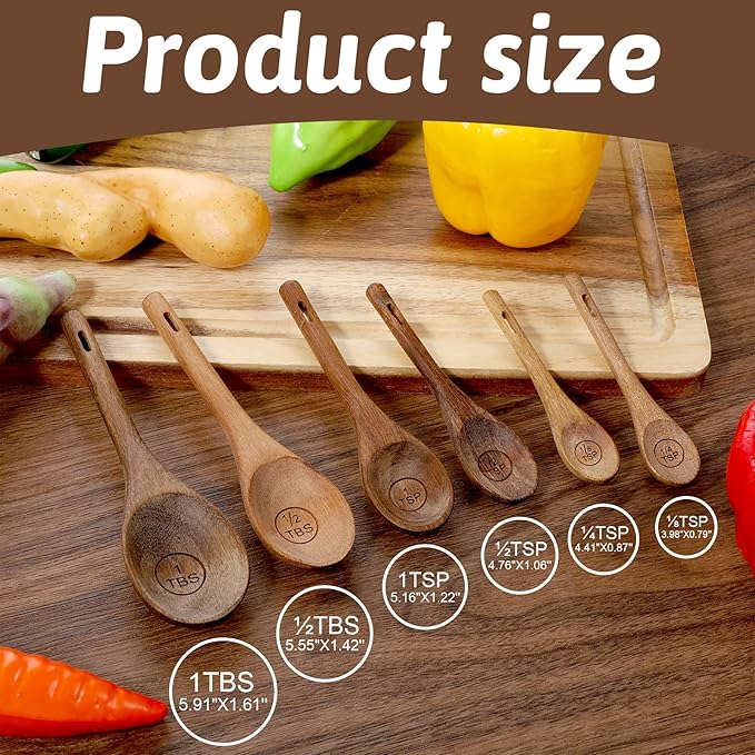 6pcs Wooden Measuring Spoons and Scoops Set Natural Acacia Wooden Measuring Spoons Measurings Tablespoons for Measurings Dry Ingredients(1/8 tsp+1/4 tsp+1/2 tsp+1 tsp+1/2 tbsp+1 tbsp)