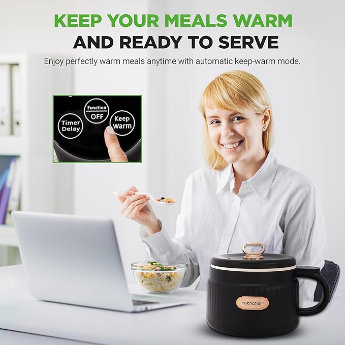 NutriChef 1.6 QT Portable Electric Rice Cooker & Lunch Maker | Multi-Functional & Non-Stick Ceramic Coating | Digital Control Panel | 6 Cook Functions: Rice, Soup, Stew, Porridge & More | Black