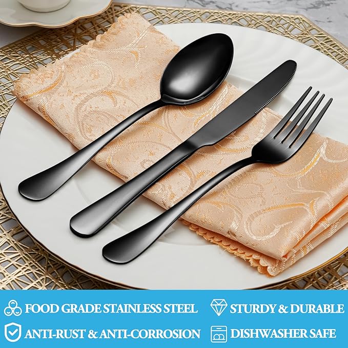 40 Pcs Black Silverware Set, Stainless Steel Flatware Set Service for 8, Mirror Polished Cutlery Utensil Set, Durable Home Kitchen Eating Tableware Set, Include Fork Knife Spoon Set, Dishwasher Safe