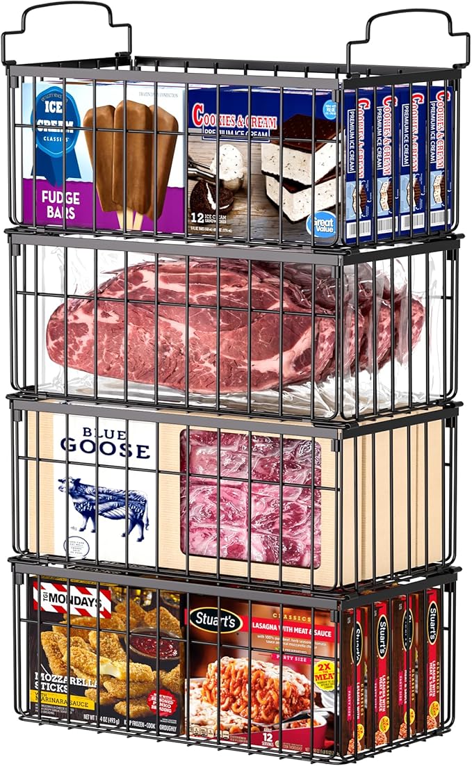 Freezer Organizer Bins, 4 Pack Stackable Deep Chest Freezer Organizer Bins, Foldable Baskets with Handles, Black Storage Container Baskets for 5/ 7 Cu.FT Deep Freezer Sort Frozen Meats