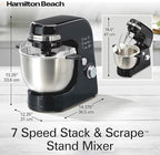 Hamilton Beach Electric Stand Mixer, 4 Quarts, Dough Hook, Flat Beater Attachments, 7 Speeds, Whisk, Stack & Scrape Bowl Scraper, Black