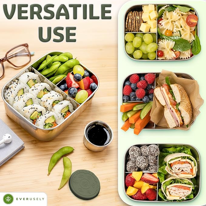 Everusely - Bento Box - Sage, 27oz / 0.8 L - Stainless Steel Lunch Box with Leakproof Condiment Container - 3 Compartment Snack Organizer for On the Go Meals - Freezer & Dishwasher Safe
