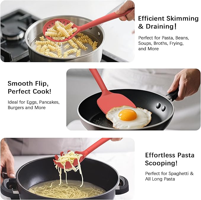 Coukre Silicone Kitchen Cooking Utensils Set with Holder – Heat-Resistant, Food-Grade Kitchen Tools, Spatula, Spoon & Gadgets for Non-Stick Pans, Dishwasher Safe (14, PureRed)