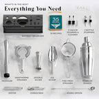 BARE BARREL® Mixology Bartender Kit Bar Set | 16-Piece Cocktail Shaker Set | Martini Barware Mixing Tools for Home Bartending | Incl. 35 Recipe Cards | Gift Set (24oz Cobbler Shaker, Silver/Black)