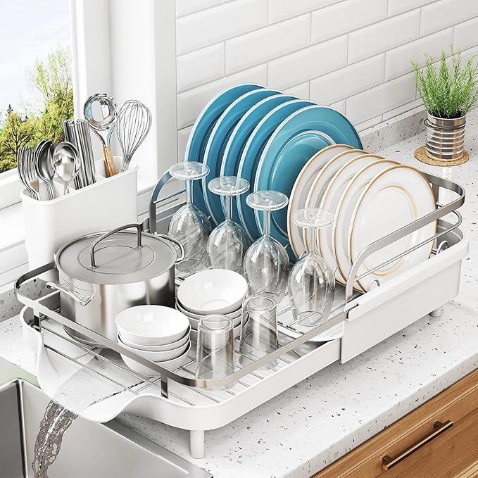 SNTD Dish Drying Rack, Expandable Dish Rack for Kitchen Counter, Stainless Steel Dish Drainer with Drainboard Set and Utensil Holder (White)