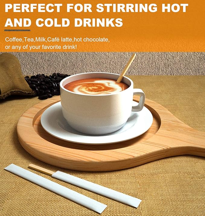 1000Pcs Disposable Wood Coffee Stir Sticks Stirrers Individually Paper Wrapped Coffee Tea Beverage Stirrers Stirrings 5.5 Inch,140mm
