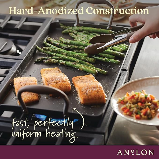 Anolon Advanced Home Hard Anodized Nonstick Double Burner Griddle/Grill Pan with Roasting Rack, 10 Inch x 18 Inch, Bronze