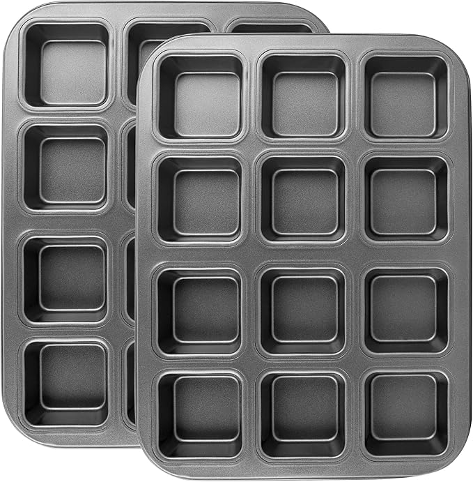 Beasea Brownie Pan with Dividers, 2 Set All Edges Square Cupcake Brownie Pans 12 Mini Cavity Non Stick Baking Carbon Steel Bread Mold Small Edge 3x4 Individual Cutter Sheet Tray for Cake Cookie Oven