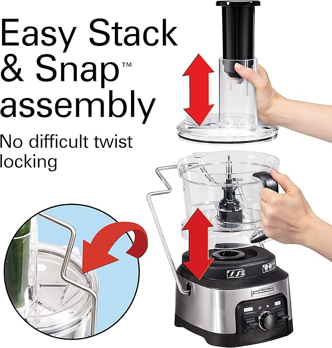Hamilton Beach Professional Stack & Snap Food Processor & Veggie Spiralizer for Slicing, Shredding and Kneading, Extra-Large 3" Feed Chute Fits Whole Vegetables, 12 Cups, Stainless Steel (70815)