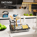 SWTYMIKI Large Sink Caddy Kitchen Sink Organizer with Detachable Brush Holder, Stainless Steel Sponge Holder with Removable Drip Tray Sponge Caddy for Kitchen Countertop, Black