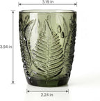 Vintage Green Drinking Glass, 10 oz Hand-Pressed Deep Textured Glass Cup, Fern Embossed Retro Glassware, Decorative Tumbler for Water, Cocktails & Juice, Boho Colored Kitchen Drinkware, Unique Gift