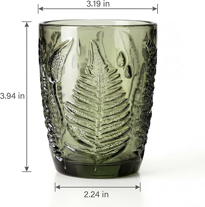 Vintage Green Drinking Glasses Set of 8 - 10 oz Hand-Pressed Deep Textured Glass Cups, Fern Embossed Retro Vintage Glassware, Decorative Cocktail Tumblers for Home & Bar, Colored Drinkware Gift Set