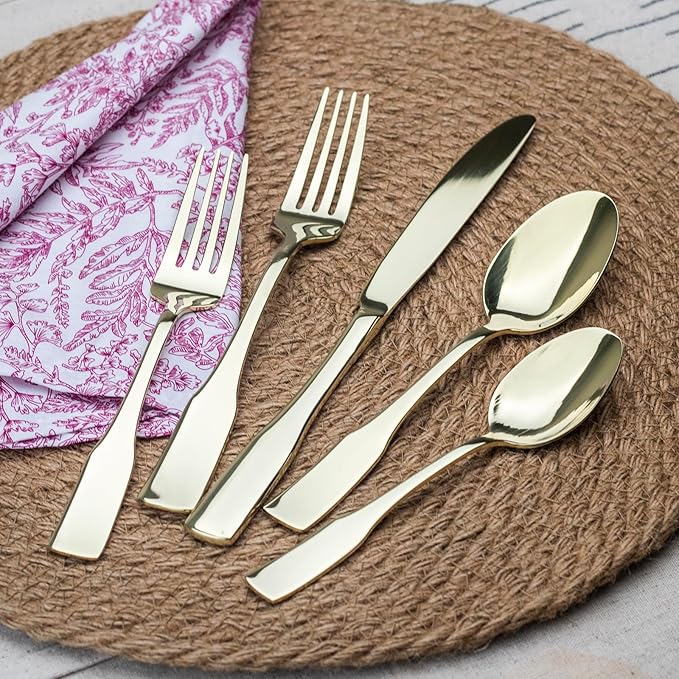 Alata Kate Champagne Gold Mirror 45-Piece Silverware With Utensil-Serving Set, Service for 8, Stainless Steel Flatware, Mirror Polished Cutlery, Dishwasher Safe