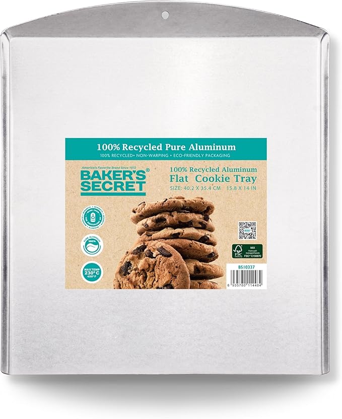 Baker's Secret Commercial Grade Natural Pure Aluminum 16" Cookie Sheet Flat, 100% Recycled, Baking Tray For Oven, Chemical Free No PFOA, PFOS, and PTFE - The Natural Aluminum Collection