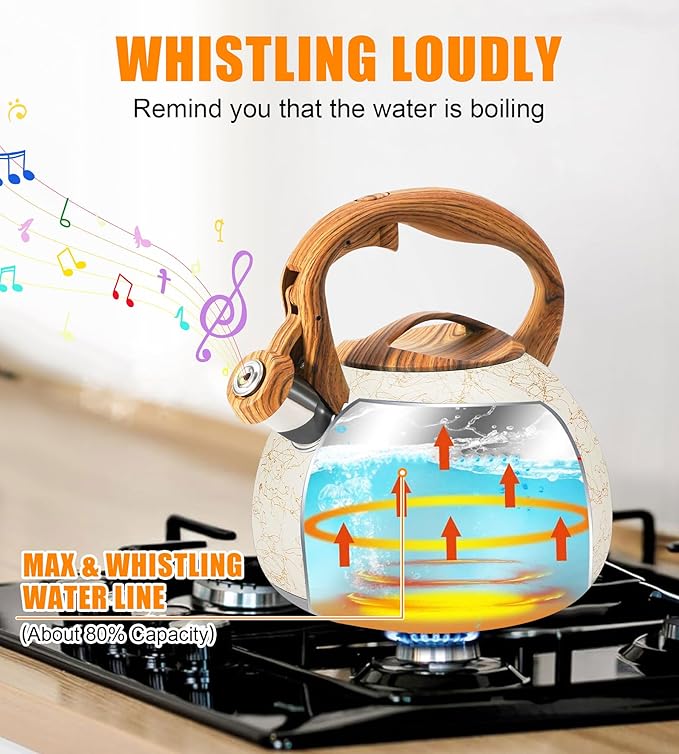 3.2 Quart Whistling Tea Kettle Stovetop, Stainless Steel Tea pot with Wood Grain Handle, Loud Whistle Kettle for Boiling Water, Coffee & Milk, Easy-Pour Spout Classic Design (Off-white)