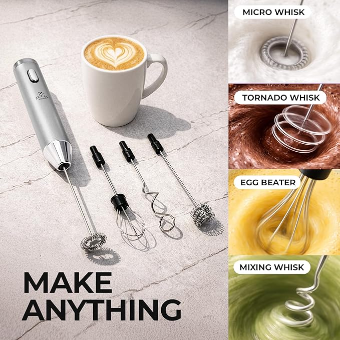 Zulay Kitchen Metal Rechargeable Milk Frother, 3 Whisk Attachments Handheld Frother Wand, 1800mAh USB-C Charging, Electric Drink Mixer for Protein, Matcha & Powders - One Charge Lasts up to 6 Months