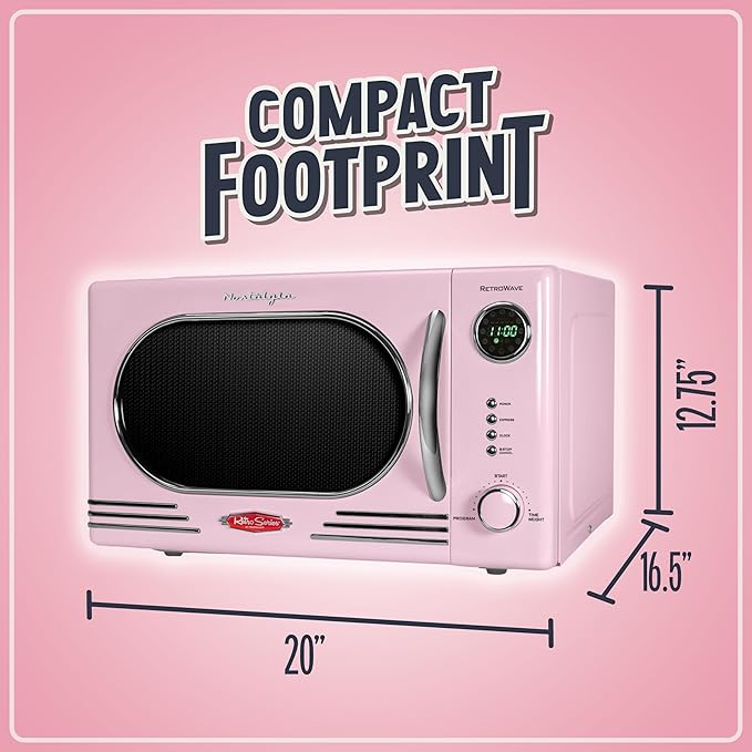 Nostalgia Retro Countertop Microwave Oven - 1.1 Cu Ft & 1000 Watt Power- Easy to Clean with Removable Glass Turntable - Child Safety Lock - 12 Programs - Digital Clock - Pink