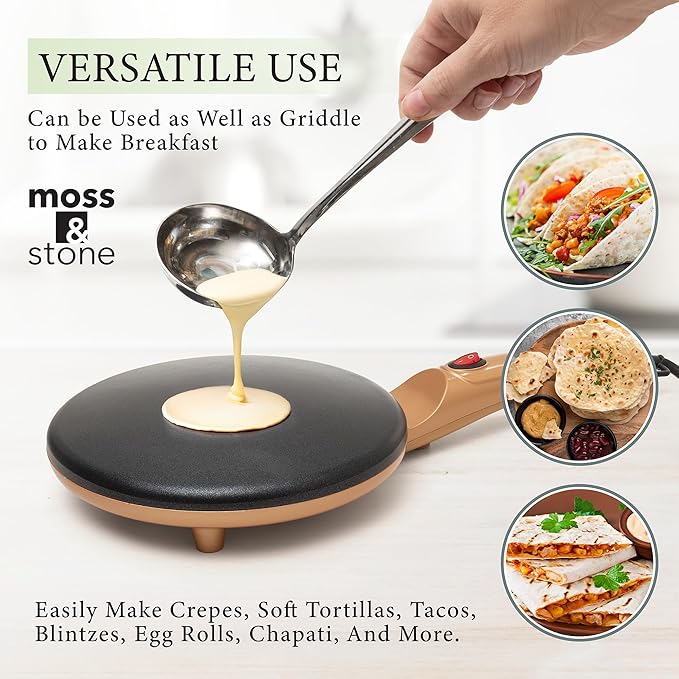 Moss & Stone Gold Electric Crepe Maker 8 Inch, Portable Crepe Maker & Hot Plate Cooktop On/Off Switch, Nonstick Coating, Automatic Temperature Control, Easy To Use For Pancakes, Blintz