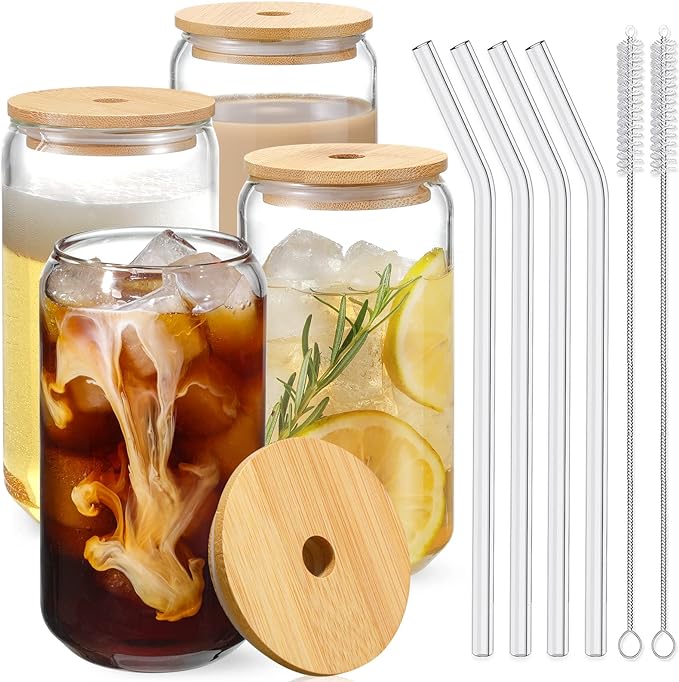 Drinking Glasses with Bamboo Lids and Glass Straw 4pcs Set - 16oz Glass Cups, Iced Coffee Glasses, Cute iced Tea Glasses, Beer Glasses, Ideal for Coffee Bar Accessories, Aesthetic Gift - 2 Brushes