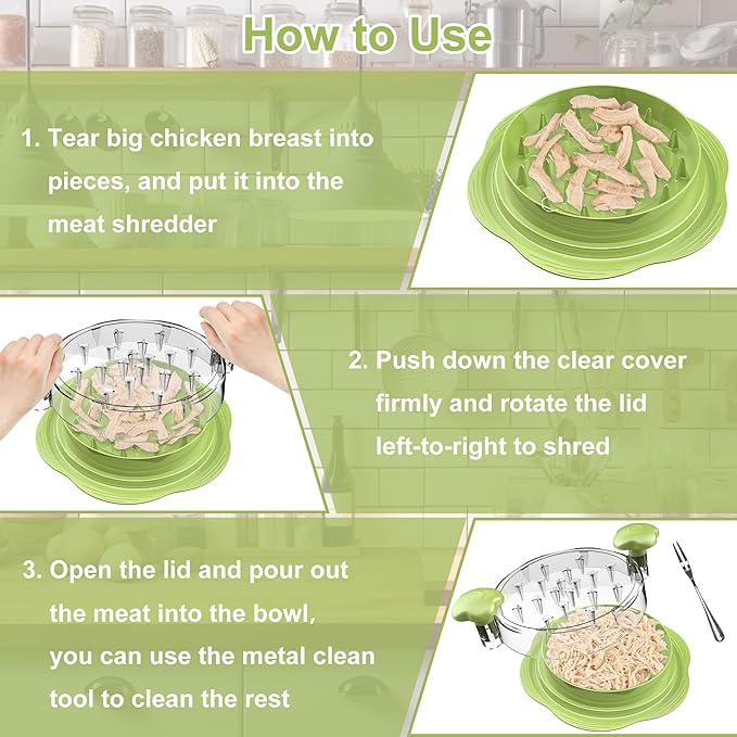 SURETIVIAN Chicken Shredder Large Chicken Breast Shredder Tool Twist with Brush&Fork, Visible Meat Shredder Machine, Anti-Slip Strip, Ergonomic Handle, BPA Free, Pork Beef Chicken(Matcha)