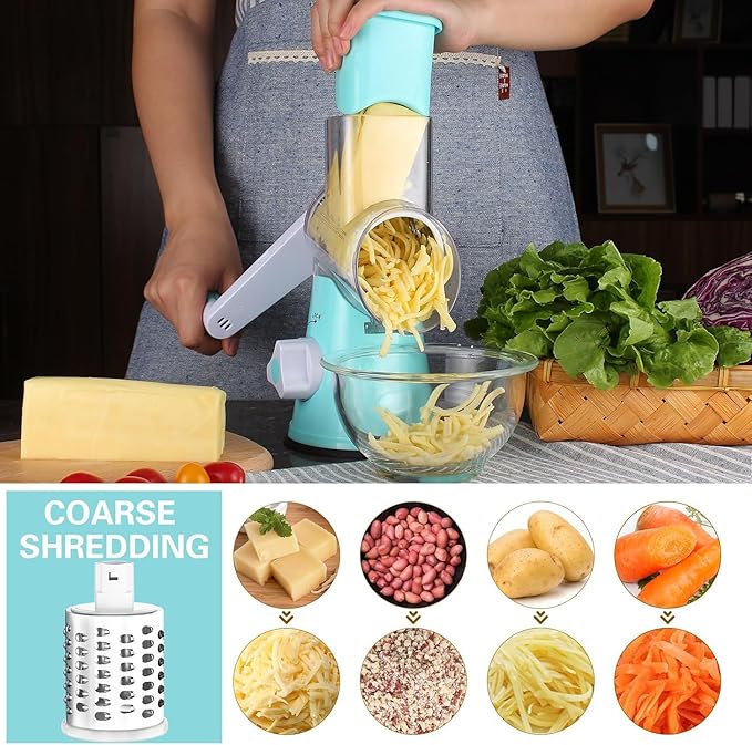 Cambom Rotary Cheese Grater Hand Crank Cheese Shredder for Fresh Cheese, Vegetable, Nuts,Non-slip Suction Base, Free Cleaning Brush Three Blades, Blue