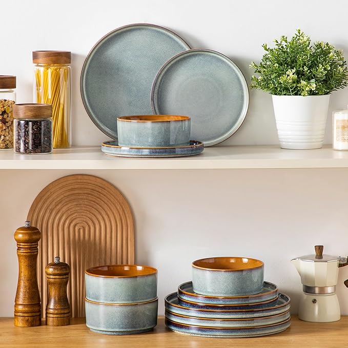 vancasso ONION Ceramic Plates and Bowls Sets, 12 Pieces Light Blue Dinnerware Sets for Kitchen, Reactive Glaze Dishes Set for 4, Dishwasher and Microwave Safe