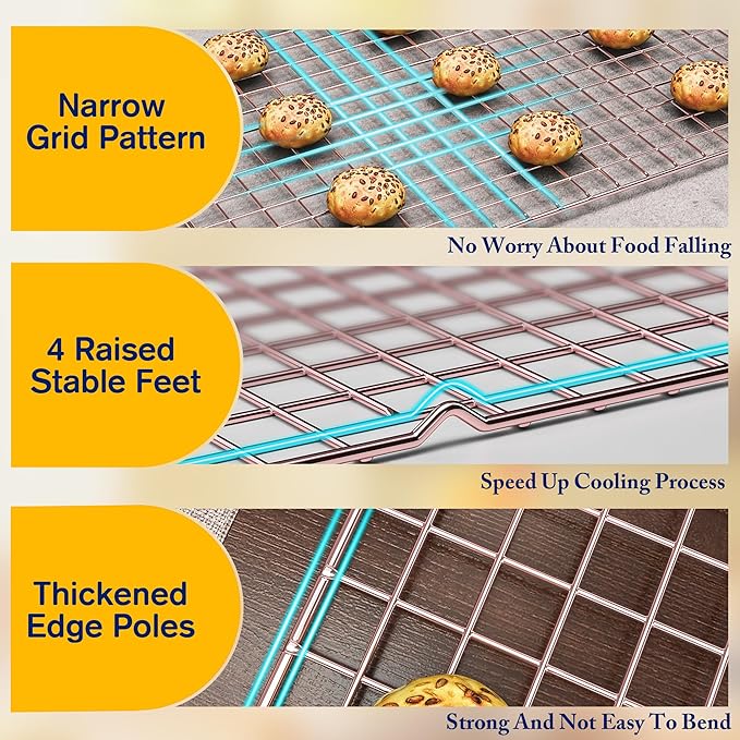 2PCS Cooling Racks for Cooking and Baking - 10" x 16"Heavy Duty Stainless Steel Wire Rack for Baking, Grilling, Roasting - Oven & Dishwasher Safe - Fits Half Sheet Pan（Rose Gold）