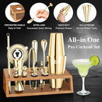 IOV Mixology Bartender Kit Bar Set with Stand | 17-Piece Cocktail Shaker Set | 28oz Boston Shaker Drink Mixer Set with All Essential Accessory Tools | Fun Housewarming Gift (Gold)