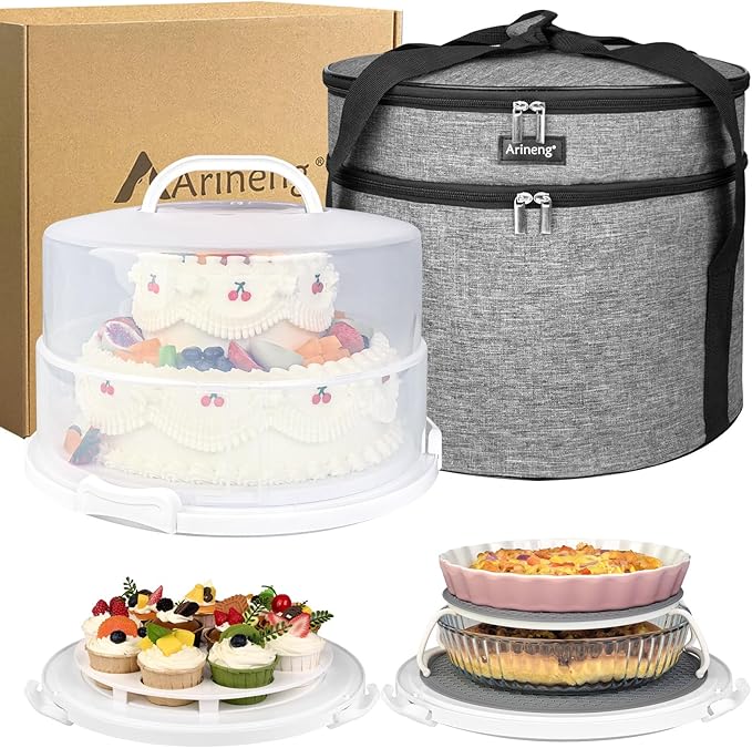 12 Inch Cake Carrier with Lid & Handle BPA-Free Cake Transport Container, Includes Insulated Bag, Cupcake & Pie Holders for Secure Dessert Delivery (Fits 7" Tall Cakes) (Grey)